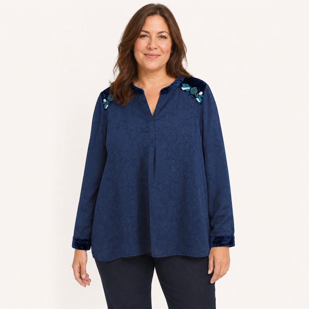 Chico's Women's Size 2 Navy Floral Burnout Blouse Velvet Embroidered Top L